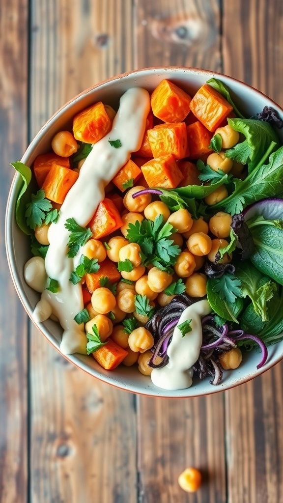 A vibrant vegan bowl with roasted sweet potatoes, chickpeas, mixed greens, and tahini dressing, served on a rustic table.